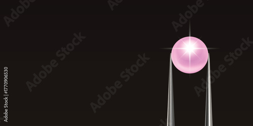 Vector Jewelry Tweezers Holding Pink Pearl on Black Background. Luxury Pearl Jewelry Banner, Elegant Pear Template for Jewelry Store, Fashion Accessory, Gemstone Design, Precious Stone Decoration