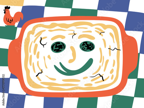 Whimsical Casserole Dish with Face and Rooster