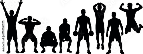 Fitness workout silhouette illustration group of men doing exercises
