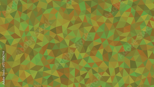 A vibrant mosaic pattern of green and orange polygons on a textured surface
