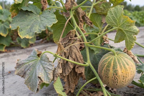 melons growing in greenhouse with yellowing leaves due to nutrient deficiency	
