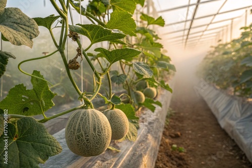 Fresh ripe melons growing in a greenhouse with morning dew on their surface. The image shows healthy orange melons hanging on vines, symbolizing organic farming, freshness, and agricultural productivi