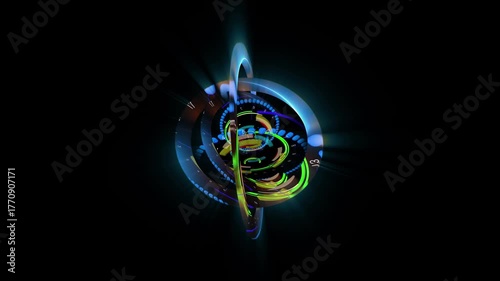 A fantastical abstraction with HUD elements. Streams of digital data are contained within rotating concentric rings.
