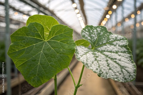 close-up of melon leaf infected with powdery mildew inside greenhouse	