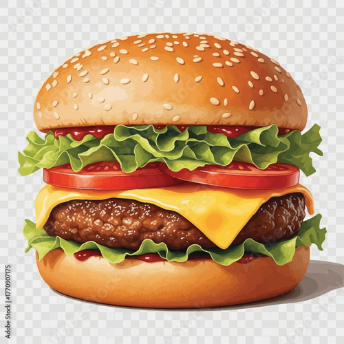 a tasty burger layered with melted cheese, beef, lettuce, and tomato