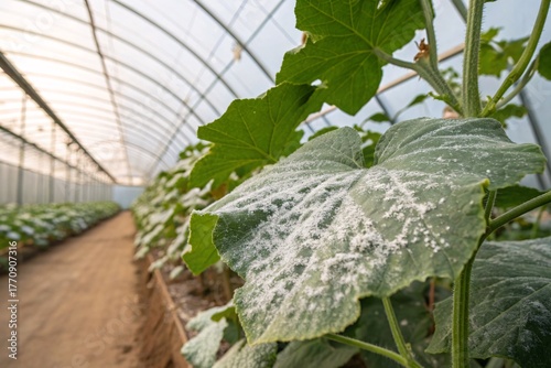 close-up of melon leaf infected with powdery mildew inside greenhouse	