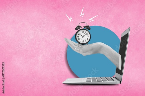 Contemporary collage with hand hold alarm clock out of laptop.