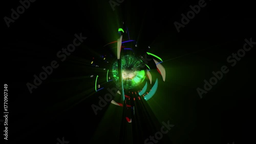 A fantastical abstraction with HUD elements. Streams of digital data are contained within rotating concentric rings.
