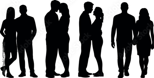 Silhouette of couples in love relationships and romantic moments