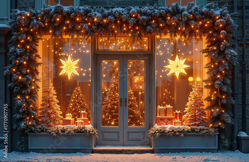 Festive winter shop window glowing with warm fairy lights, decorated Christmas trees, wrapped gifts, and star-shaped paper lanterns in a snowy outdoor scene