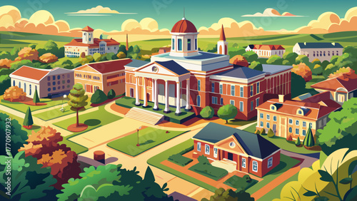 Very beautiful aerial view of a historic courthouse surrounded by lush greenery and charming old buildings in downtown Thomasville, Georgia, USA, showcasing classic southern architecture and a peacefu