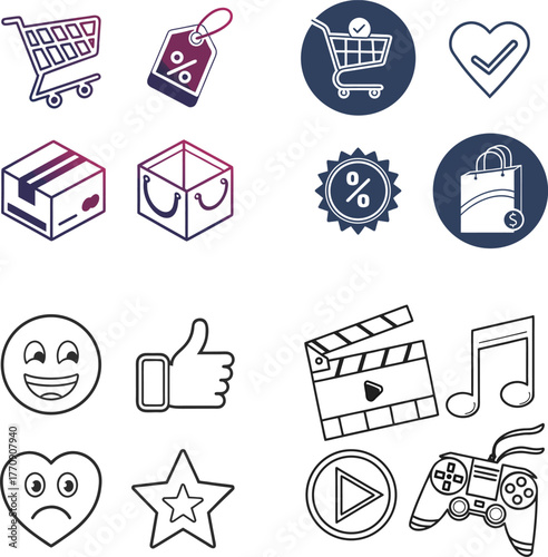 Shopping icons and entertainment symbols cart discount