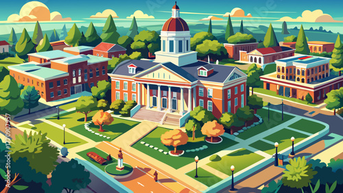 Very beautiful aerial view of a historic courthouse surrounded by lush greenery and charming old buildings in downtown Thomasville, Georgia, USA, showcasing classic southern architecture and a peacefu