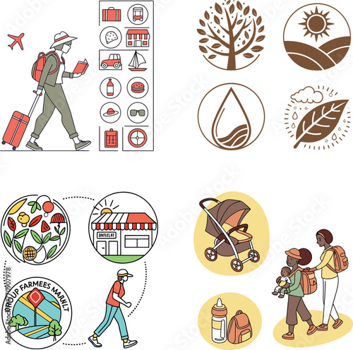 Travel and lifestyle icons suitcase airplane