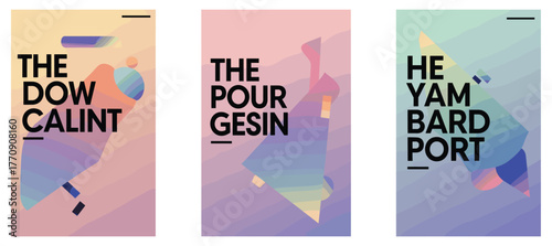 Abstract gradient poster triptych—geometric shapes, bold obscured text, soft backgrounds, modern layout, conceptual design series, creative visual identity