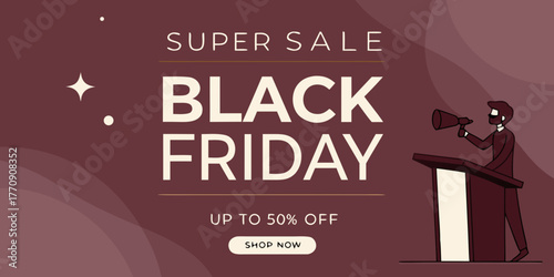black friday super sale banner design with burgundy background three dimensional podium geometric elements up to fifty percent discount promotion