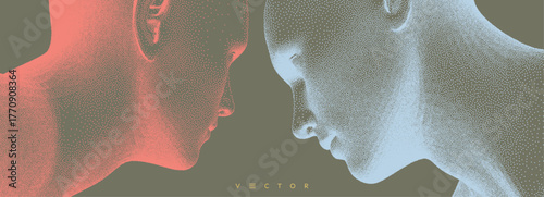Two opponents facing each other. People talk face to face. Illustration of the communication between two humans. Vector.