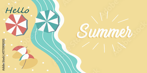 hello summer aerial beach scene illustration with colorful umbrellas turquoise waves on sandy background for vacation greeting design