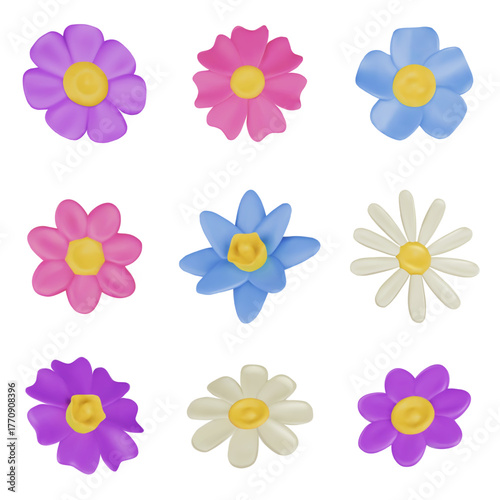 Flowers 3D buds. Spring flower, cartoon narcissus, plasticine daisy, plastic floral garden chamomile, clay wildflower. Isolated vector set in soft render style