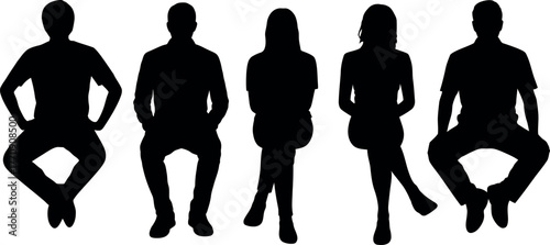 Silhouette of five people sitting black shapes on white background