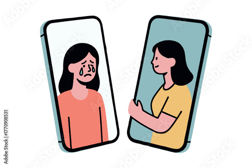Illustration of two women communicating via smartphones, one crying and the other comforting her, flat style on white background, concept of emotional support