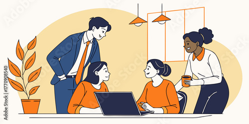 modern office teamwork illustration with diverse professionals collaborating at workspace meeting