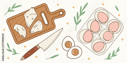 baking ingredients flat lay illustration with bread board eggs and rolling pin isolated on white background.