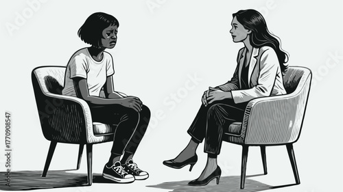 A therapist and a distressed young woman are seated and talking in a counseling session, illustrated in a monochrome hand-drawn style on a plain backdrop