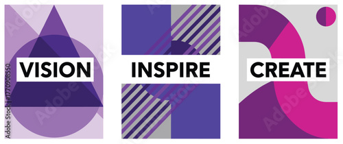 Abstract poster triptych—“VISION,” “INSPIRE,” “CREATE”—geometric shapes, bold typography, modern layout, creativity and innovation concept, vibrant design series