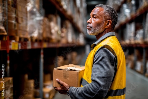 A warehouse worker in a yellow vest stands in a busy storage area, holding a cardboard box. He looks thoughtful while surrounded by shelves stacked with various packages