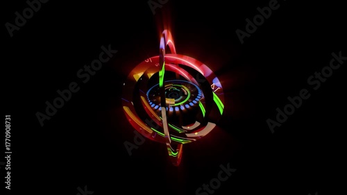 A fantastical abstraction with HUD elements. Streams of digital data are contained within rotating concentric rings.
