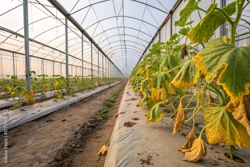 melons growing in greenhouse with yellowing leaves due to nutrient deficiency