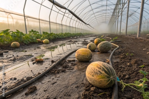 melons growing in greenhouse with yellowing leaves due to nutrient deficiency