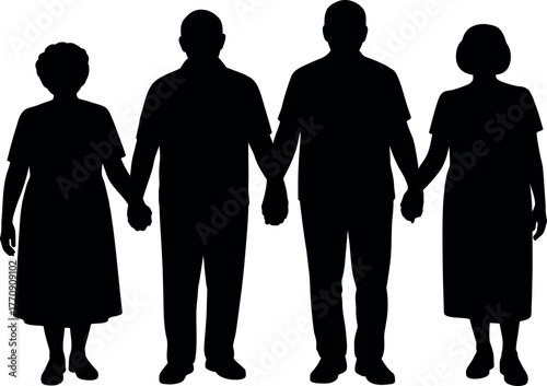 Silhouette of two elderly couples holding hands in solidarity and support