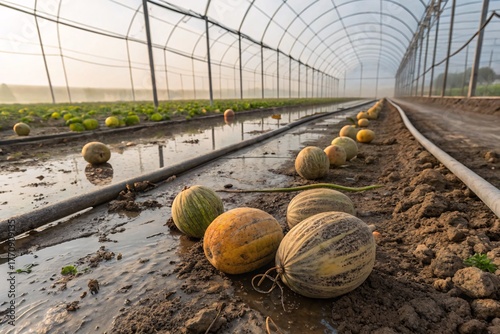 melons growing in greenhouse with yellowing leaves due to nutrient deficiency