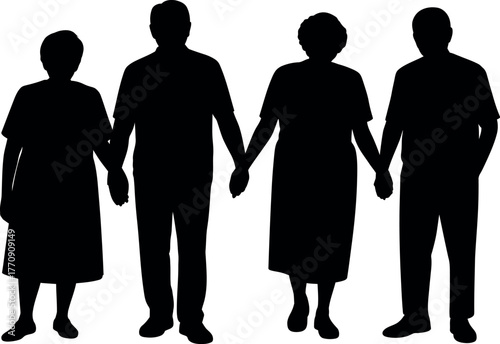 Silhouette of two elderly couples holding hands representing community and support