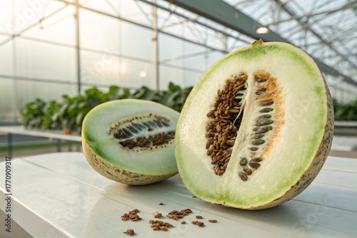 Close-up of green melons growing in a modern greenhouse, showcasing sustainable agriculture, organic farming, and fresh fruit cultivation under controlled conditions.