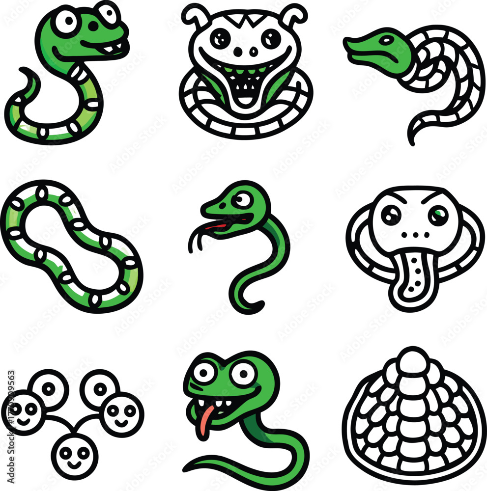 Obraz premium A funny set of cute green cartoon animal characters like frogs, turtles, snake ,and monsters is a happy vector illustration