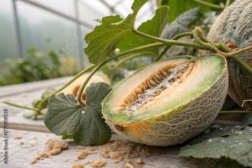 Close-up of green melons growing in a modern greenhouse, showcasing sustainable agriculture, organic farming, and fresh fruit cultivation under controlled conditions.