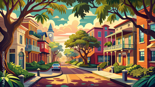 Very beautiful view of Savannah, Georgia Historic District, featuring charming southern architecture, cobblestone streets, oak trees with hanging Spanish moss, and vintage buildings under warm dayligh