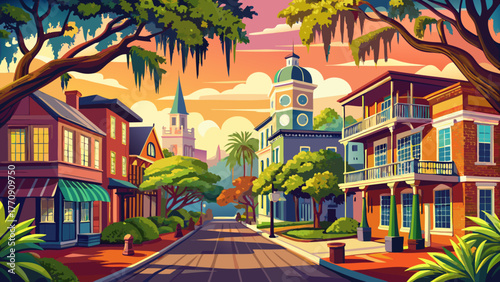 Very beautiful view of Savannah, Georgia Historic District, featuring charming southern architecture, cobblestone streets, oak trees with hanging Spanish moss, and vintage buildings under warm dayligh