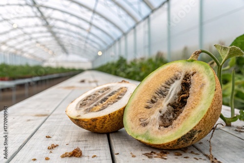 Close-up of green melons growing in a modern greenhouse, showcasing sustainable agriculture, organic farming, and fresh fruit cultivation under controlled conditions.