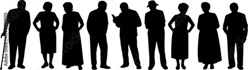 Silhouettes of diverse senior people standing together vector illustration collection