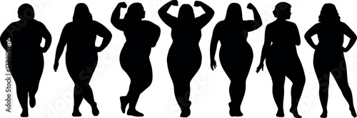 Silhouettes of diverse plus size women embracing body positivity and strength