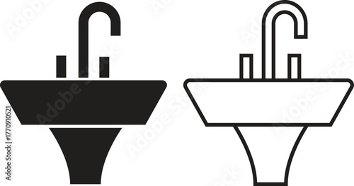 Modern bathroom sink icon set with faucet and water tap. Plumbing and wash basin silhouette in flat and outline styles illustration for home hygiene, cleaning, interior decoration and utility vectors.