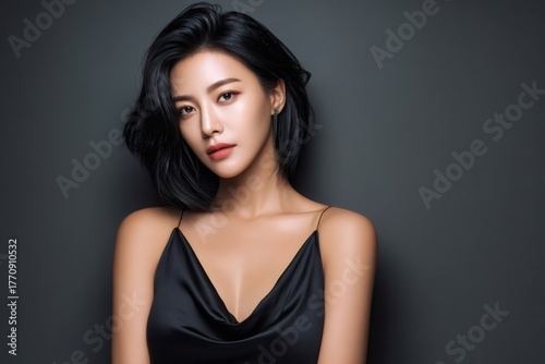 Asian woman posing in elegant black dress