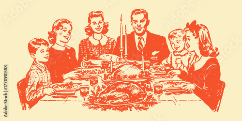 Warm orange retro ink sketchy illustration of family thanksgiving dinner. Classic midcentury festive engraving artwork.
