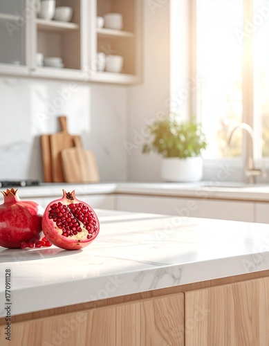 Vibrant ripe pomegranate on a marble kitchen table, bathed in natural sunlight, minimalist modern interior, fresh fruit still life, healthy lifestyle, photorealistic, gourmet food, elegant home decor.