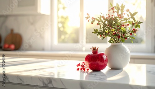 Vibrant ripe pomegranate on a marble kitchen table, bathed in natural sunlight, minimalist modern interior, fresh fruit still life, healthy lifestyle, photorealistic, gourmet food, elegant home decor.