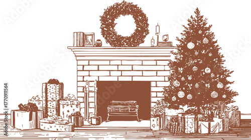 Vintage ink Christmas interior with fireplace, decorated tree, gifts. Detailed hand drawn sketchy illustration.